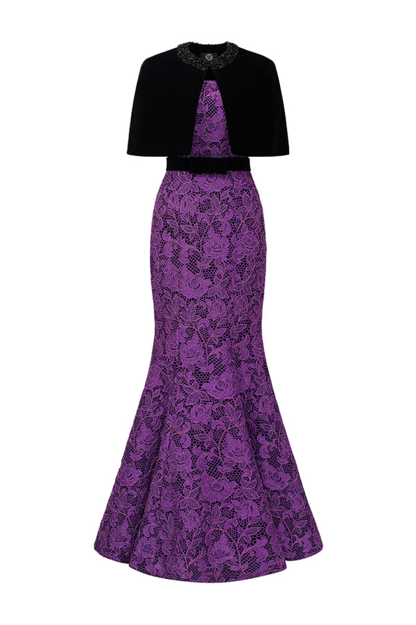 Kimberly Trumpet Cape Shoulder Lace Floor Length Set