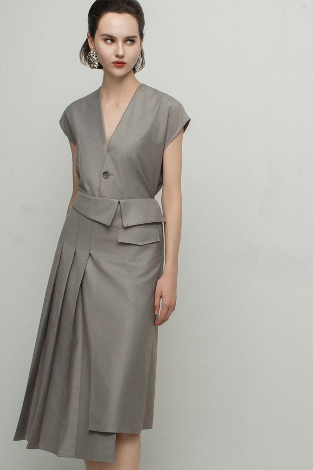 Giavanna Asymmetric Side Pleated Polycotton Calf Length Skirt