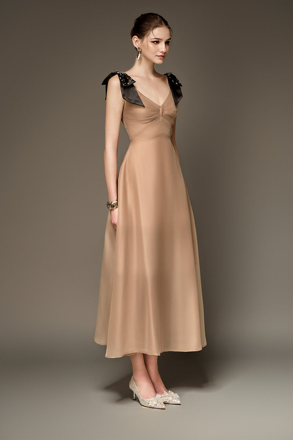 Claire A-line V-Neck Chiffon Midi Dress Dark Beige / Customize