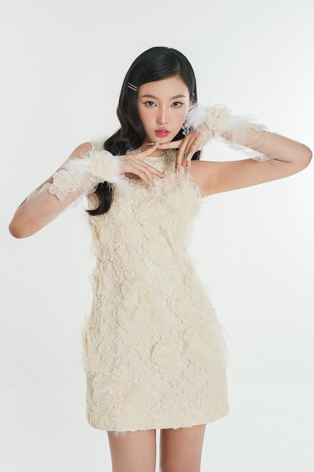 Keira A-line Halter Neck Embroidered Lace Mini Dress