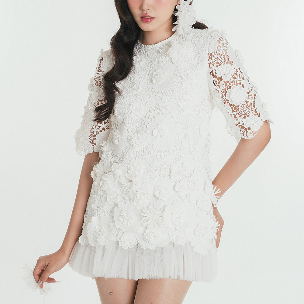 Yumita Straight Floral Embroidered Lace Mini Dress