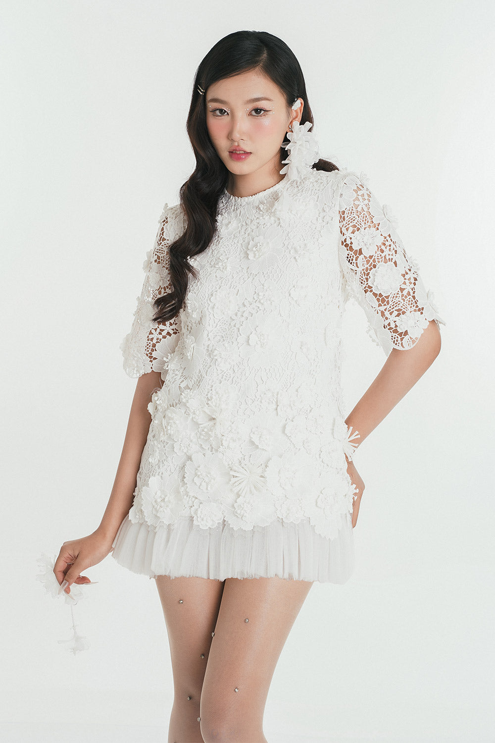 Yumita Straight Floral Embroidered Lace Mini Dress