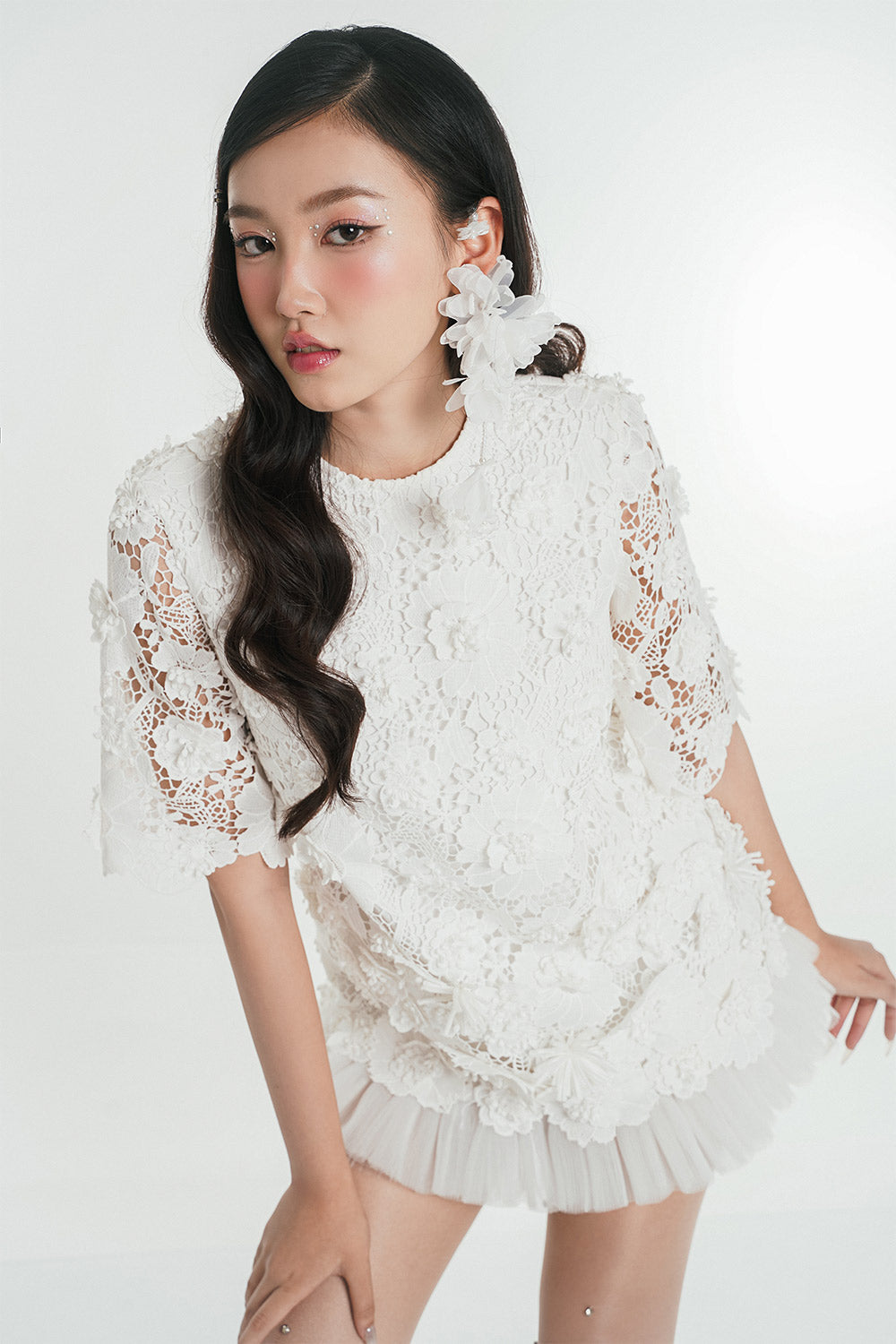 Yumita Straight Floral Embroidered Lace Mini Dress