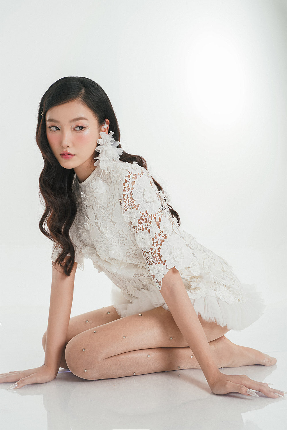 Yumita Straight Floral Embroidered Lace Mini Dress