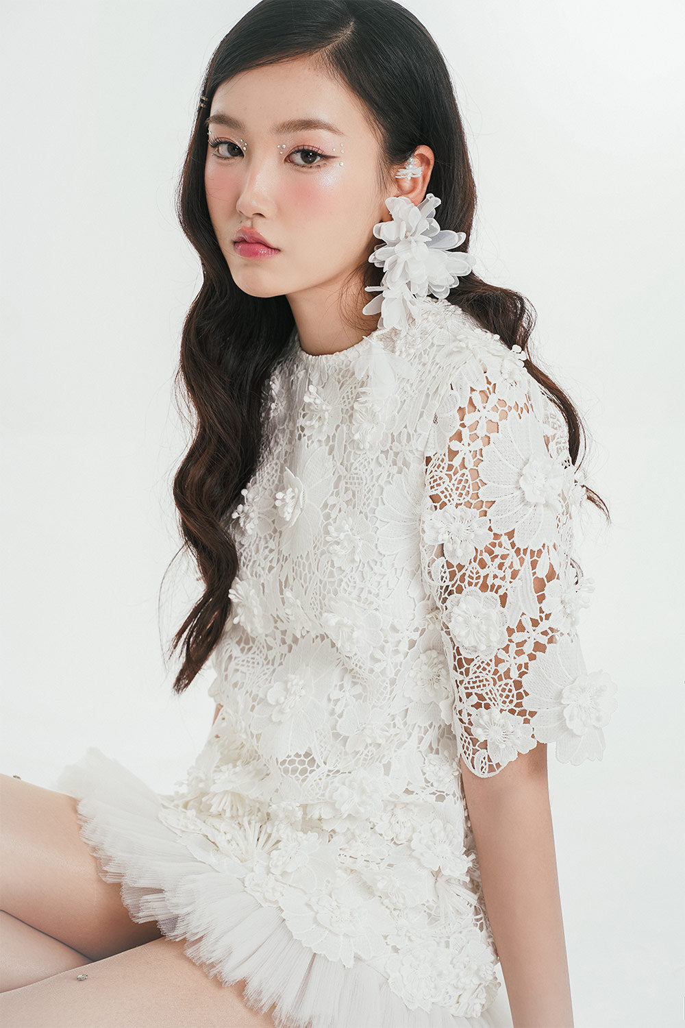 Yumita Straight Floral Embroidered Lace Mini Dress