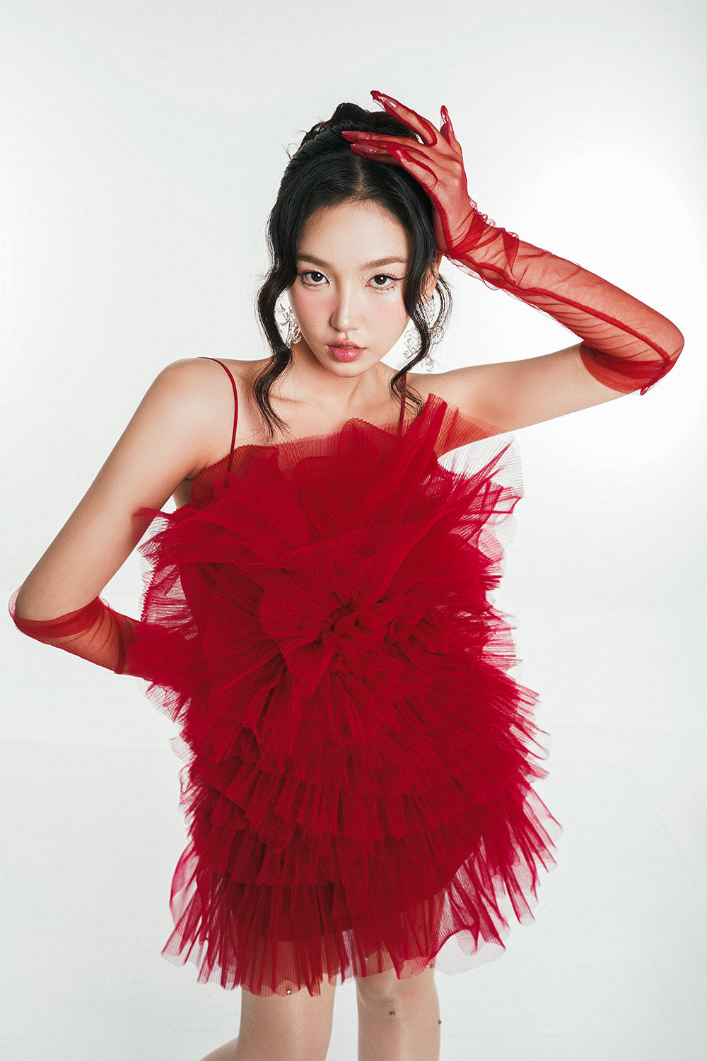 mesh mini ruffle dress Women's Rosie Straight Ruffle Layer Messaline Mini Dress S/M/L/Customize Red/Milky Beige MEAN BLVD Red / S
