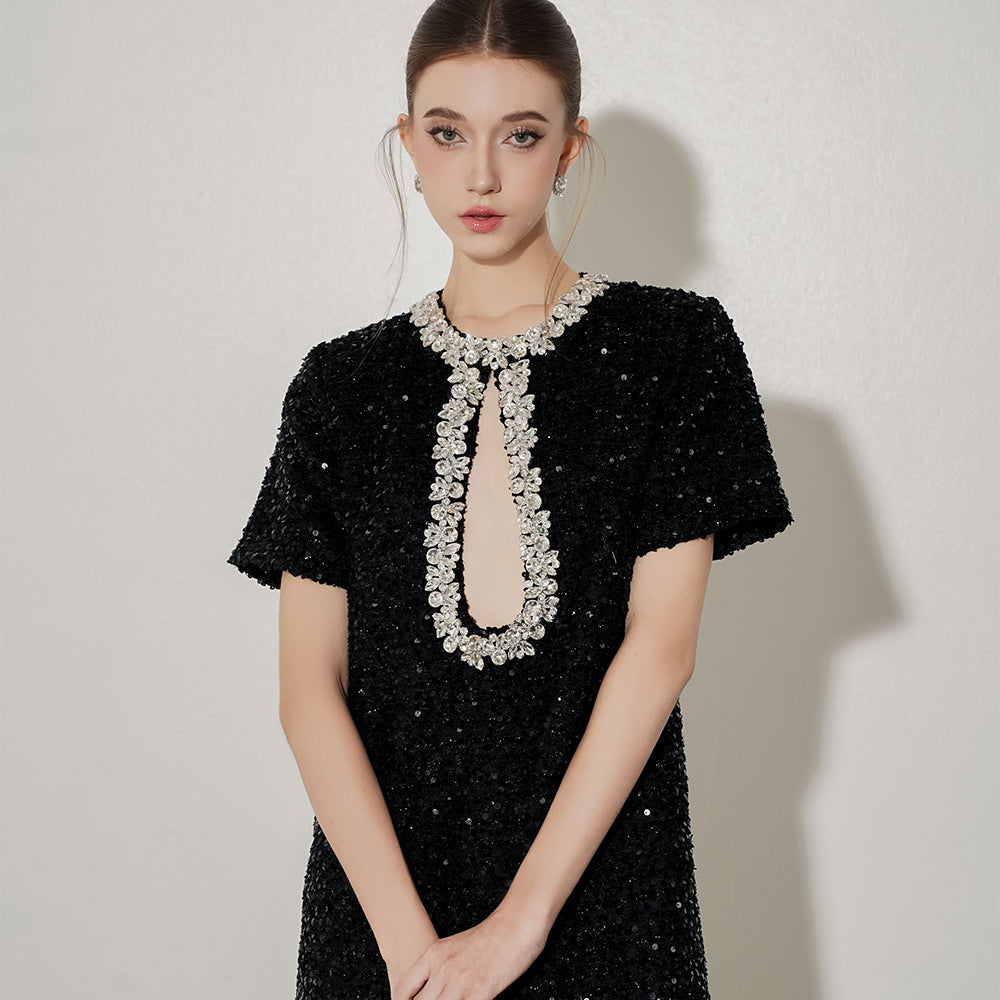 Calista Shift Keyhole Neck Tweed Mini Dress