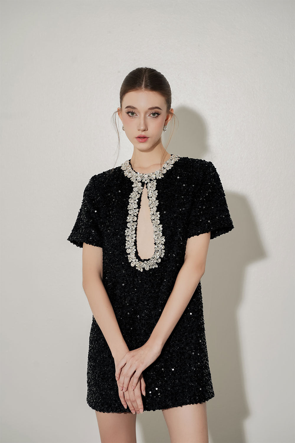 Calista Shift Keyhole Neck Tweed Mini Dress