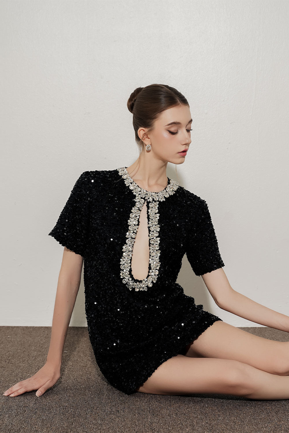 Calista Shift Keyhole Neck Tweed Mini Dress