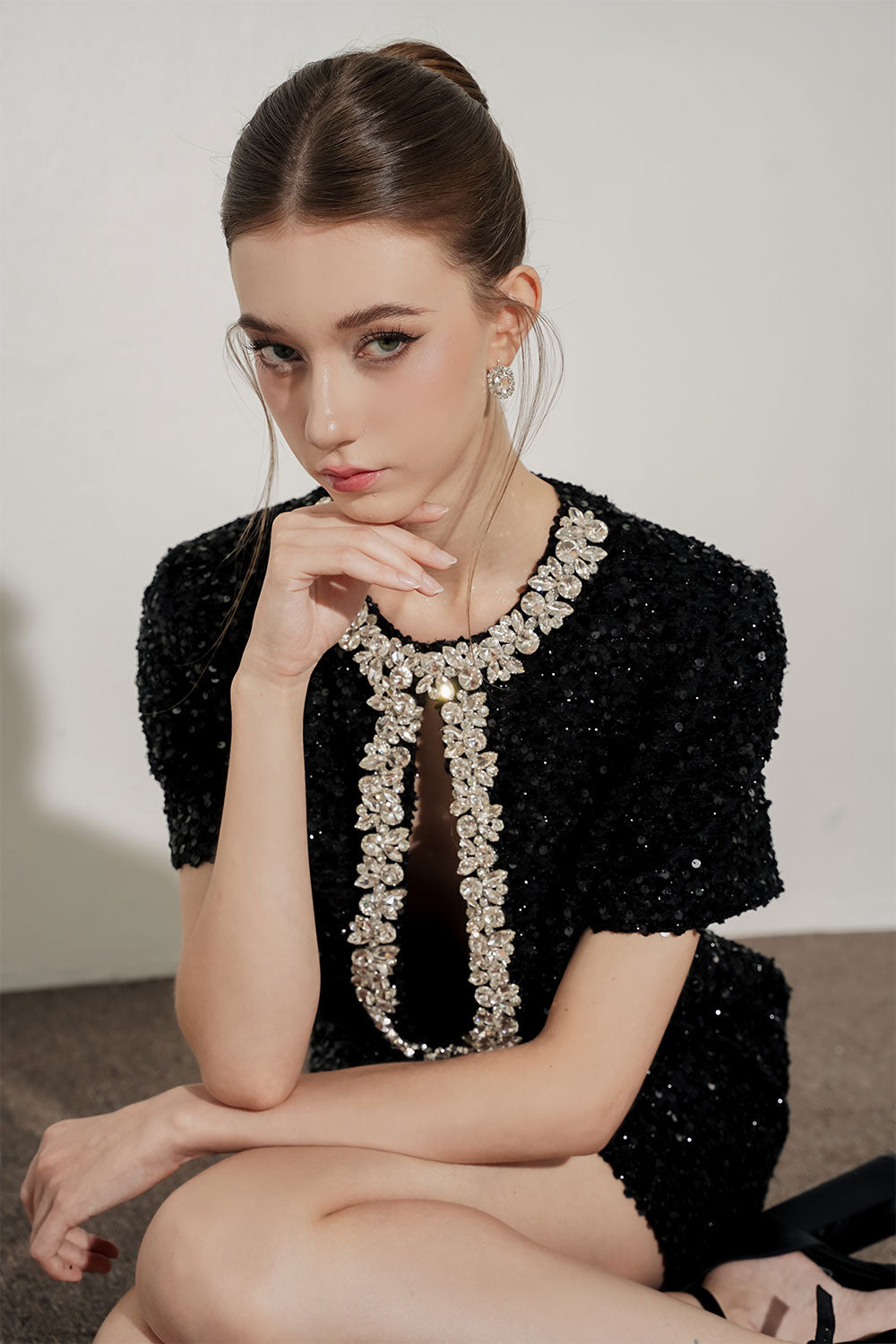 Calista Shift Keyhole Neck Tweed Mini Dress