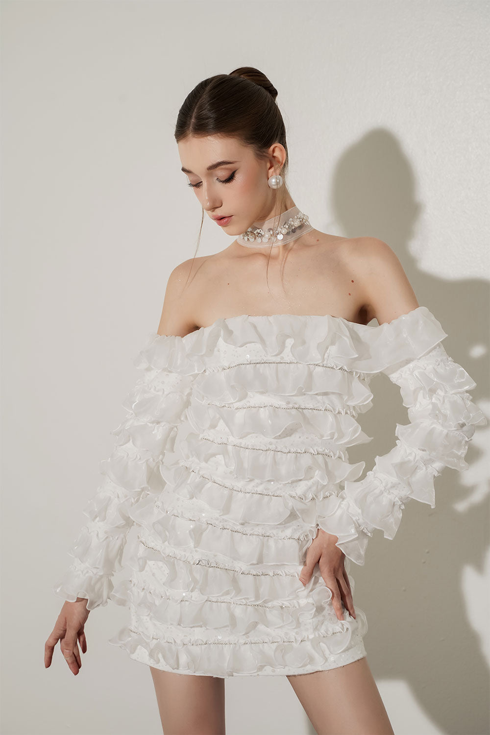 off shoulder mesh mini dress Women's Ophelia A-line Off-Shoulder Mesh Mini Dress S/M/L/Customize Black/White/Cream MEAN BLVD White / M