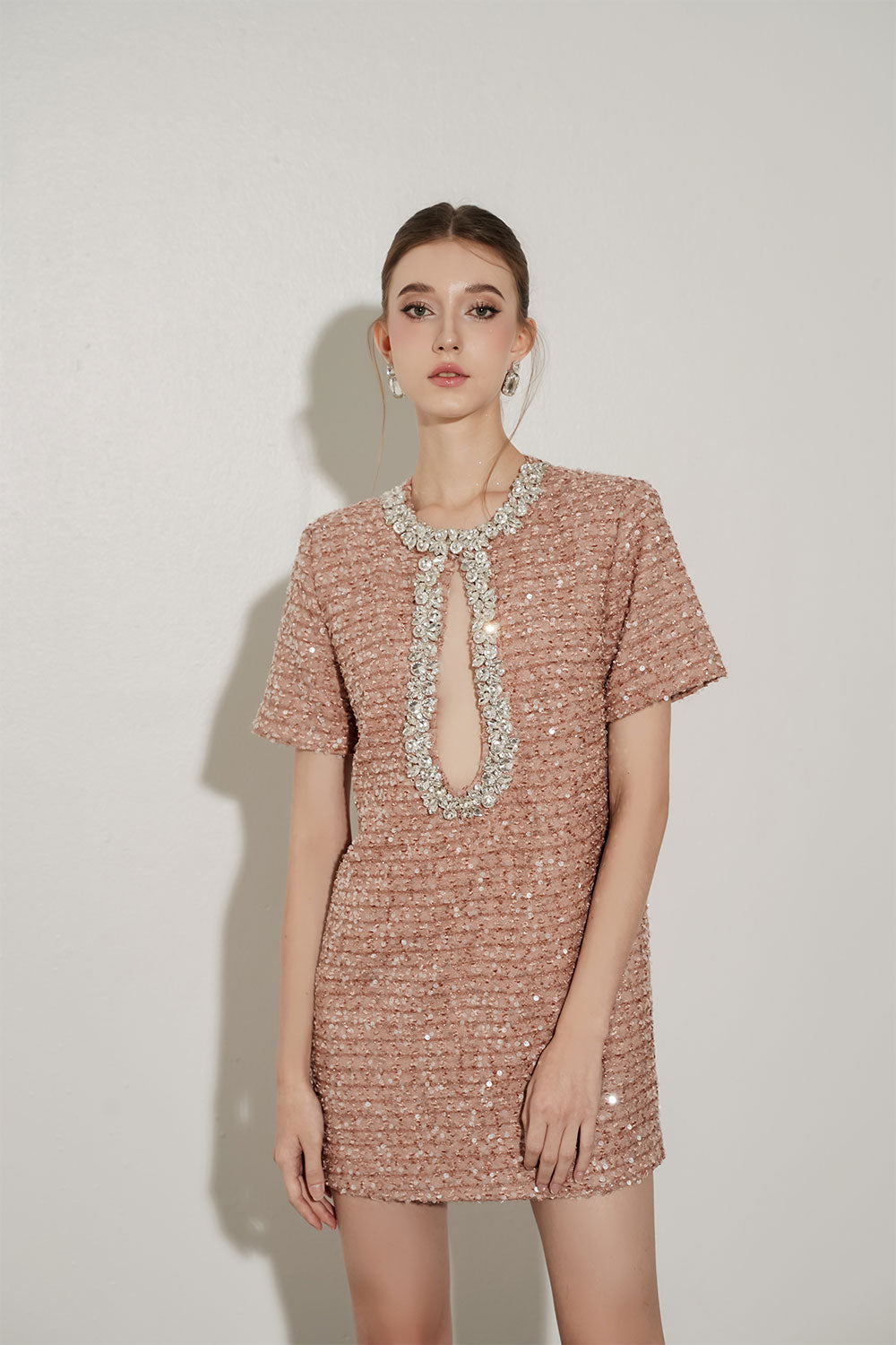 Calista Shift Keyhole Neck Tweed Mini Dress