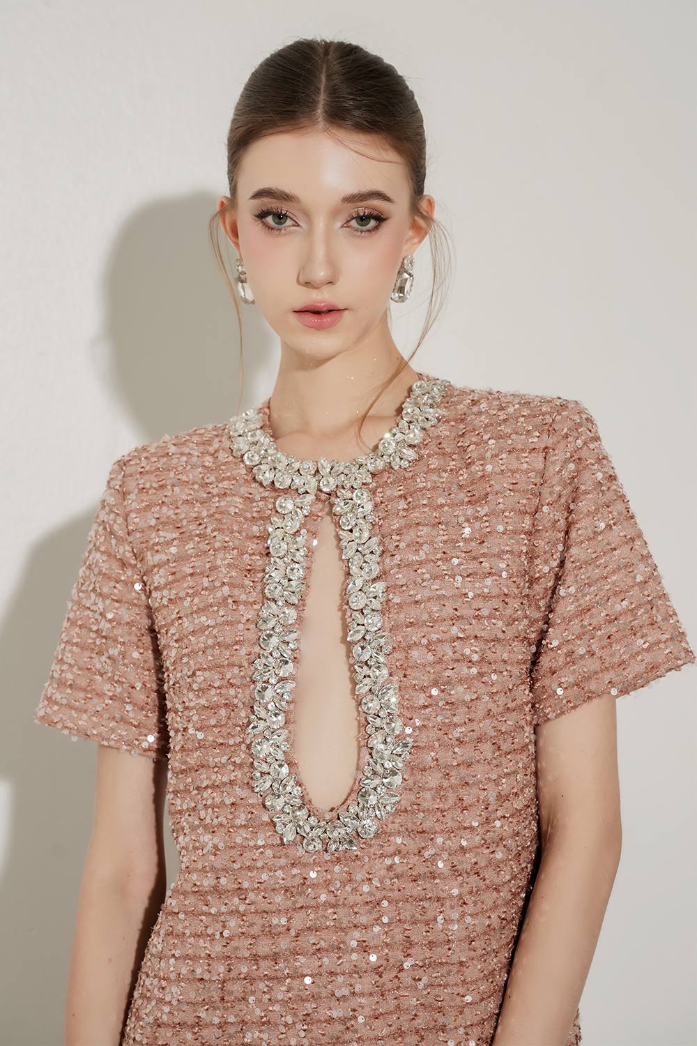 Calista Shift Keyhole Neck Tweed Mini Dress