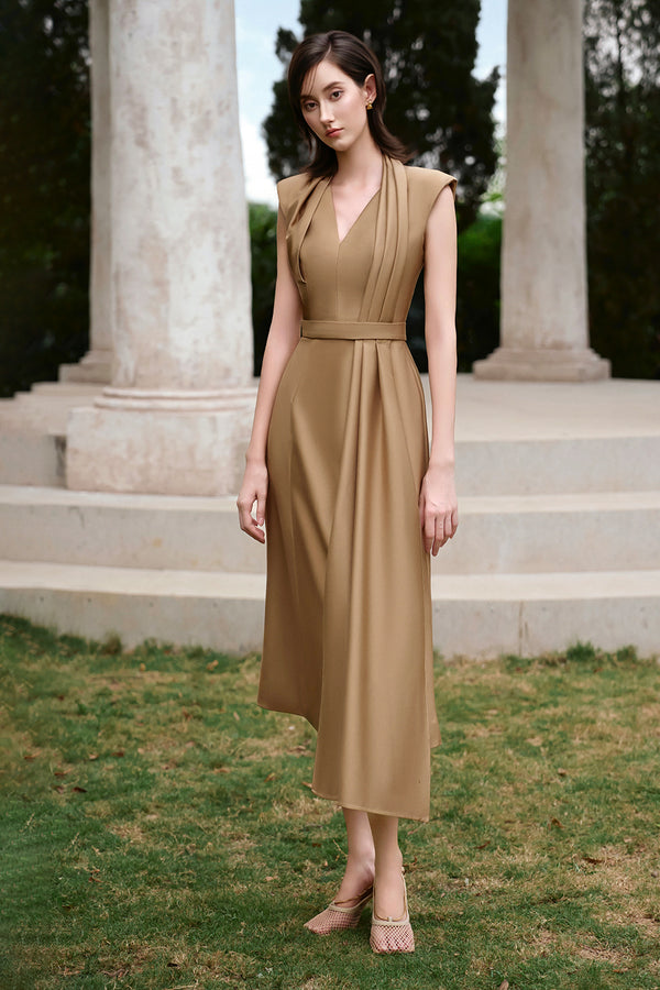 Camel V-Neck Pleated Midi Dress - MEAN BLVD