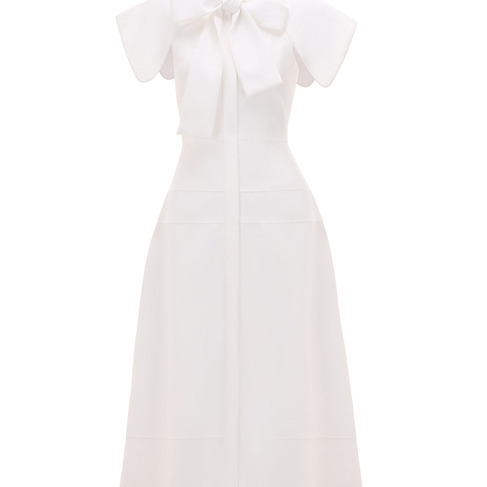 Rosette A-line Bow Tie Ribbed Scuba Midi Dress