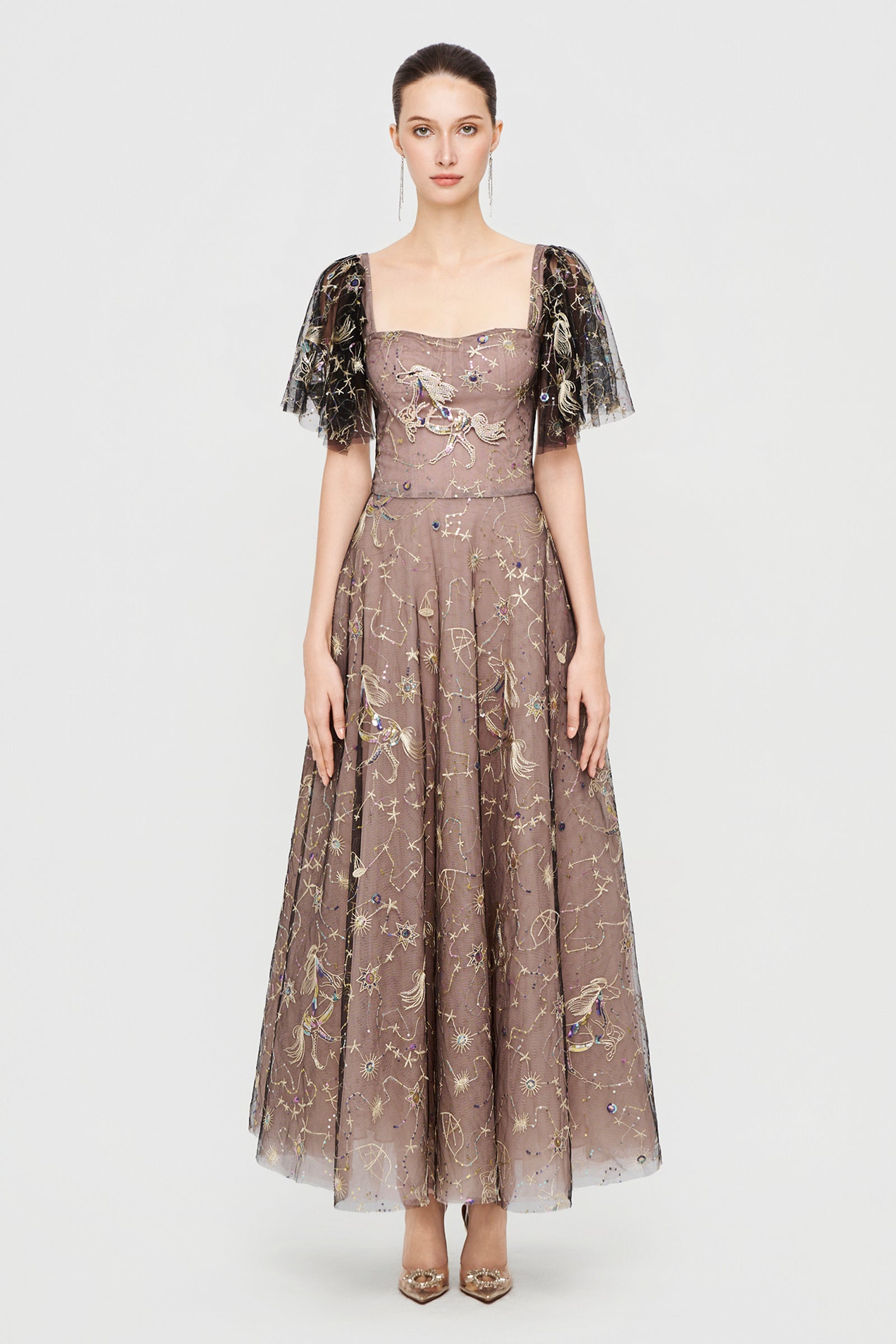 butterfly sleeve dress Women's Celeste Butterfly Sleeve Embroidery Maxi Dress XS/S/M/L/XL/Customize Black & Nude MEAN BLVD, Black & Nude / XS