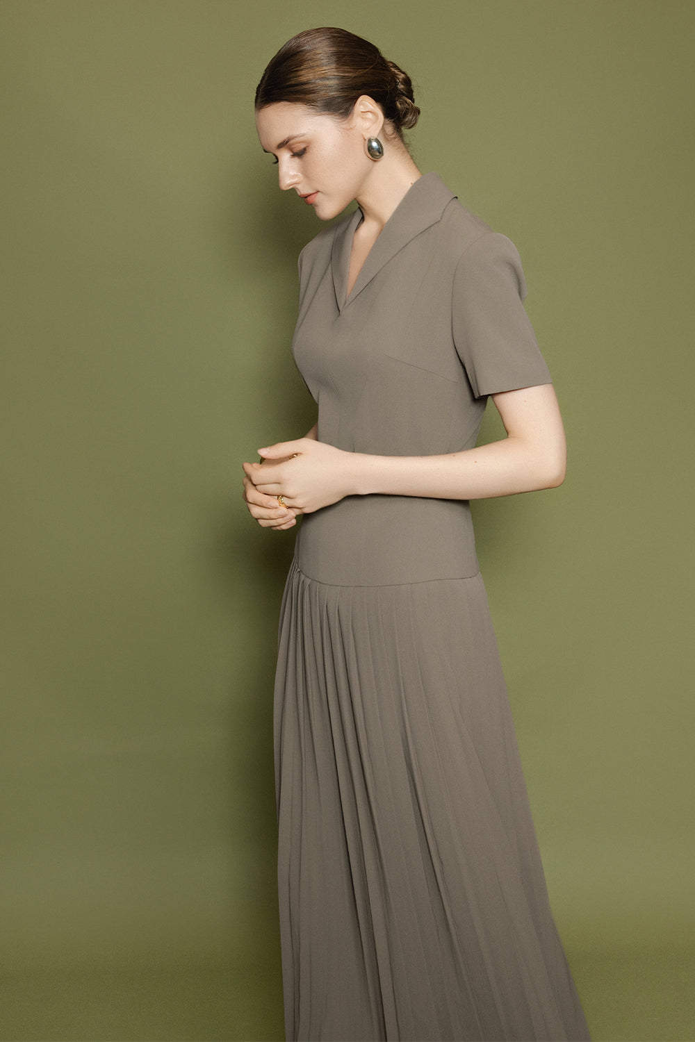 Women's Celeste Collared Pleated Maxi Dress S/M/L/Customize Taupe Gray MEAN  BLVD