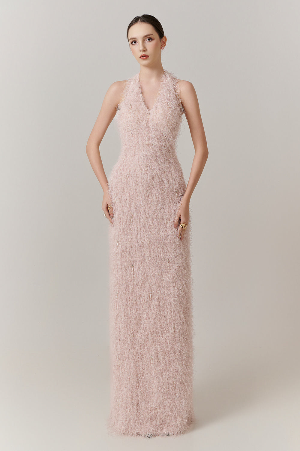 feather halter dress Orange Petite Halter Neck Feather Sequin Detail Woven Maxi Dress