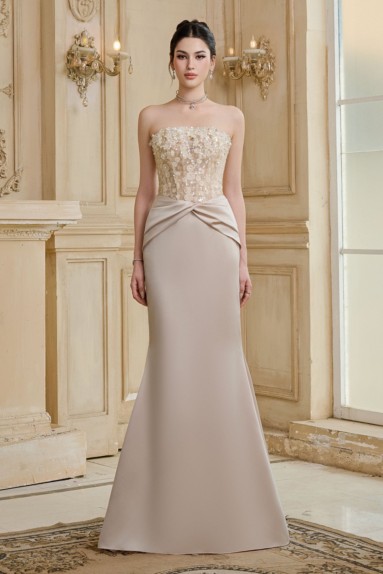Women's Celestine Straight Across Maxi Dress Greige S/M/L/Customize MEAN BLVD Greige / M