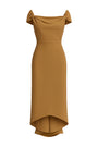 Maeve Sheath Off-Shoulder Khaki Silk Midi Dress