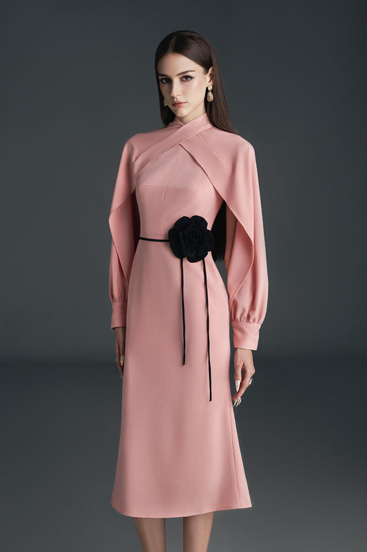 Cheris Trumpet Crossover Neck Polyester Calf Length Dress