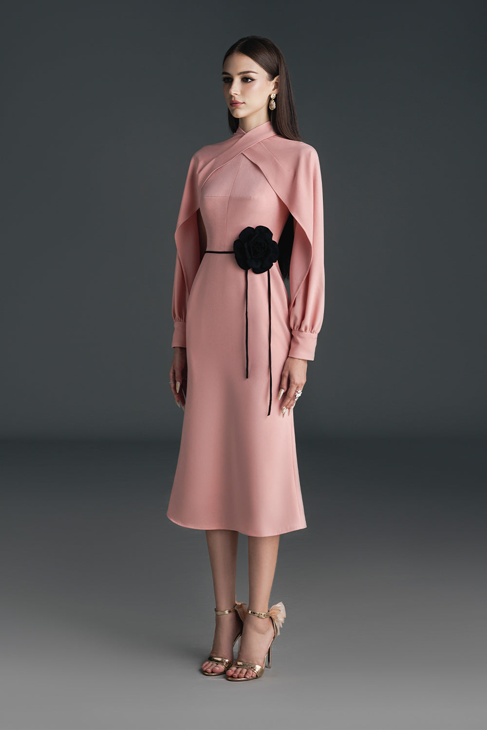 Cheris Trumpet Crossover Neck Polyester Calf Length Dress