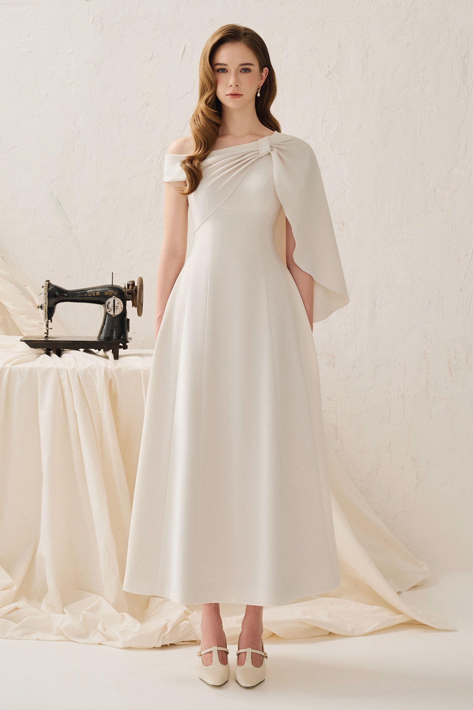 Cicely Asymmetric Neck Midi Dress Ivory Cream / Customize