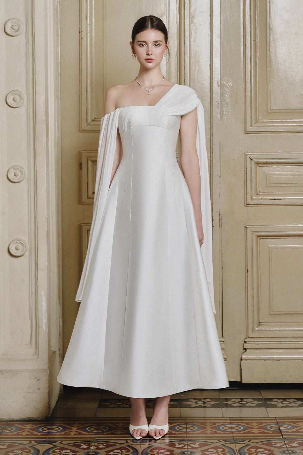Women's Clara Asymmetric Neck Midi Dress Off White S/M/L/Customize MEAN BLVD Off White / M