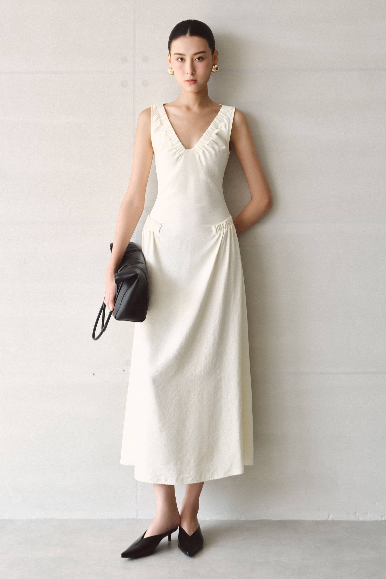 Clever V-Neck Gathering Midi Dress - MEAN BLVD