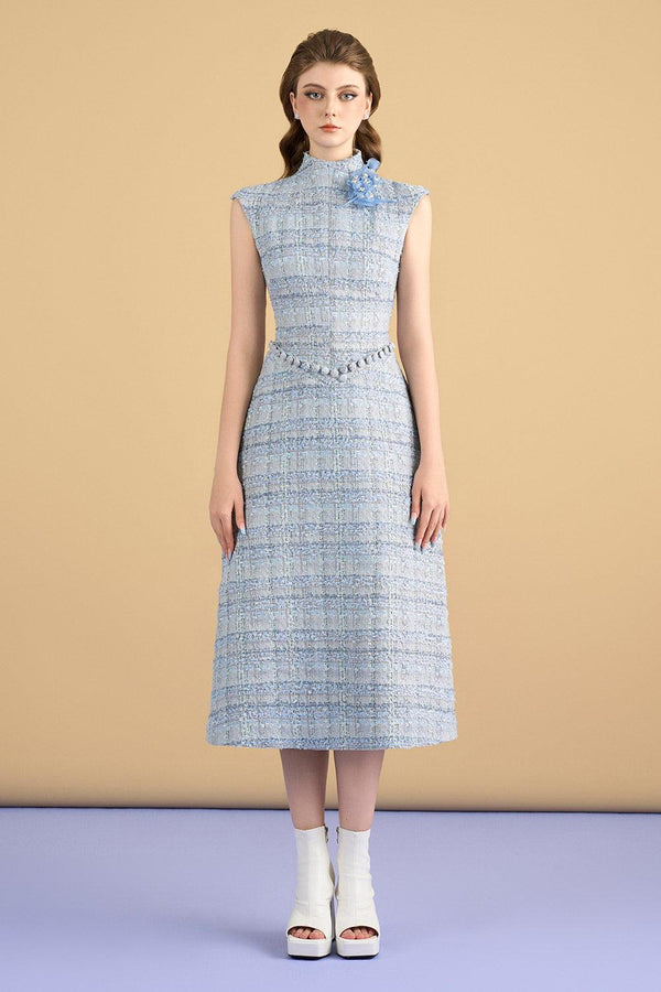 Dallas A-line Mock Neck Tweed Calf Length Dress