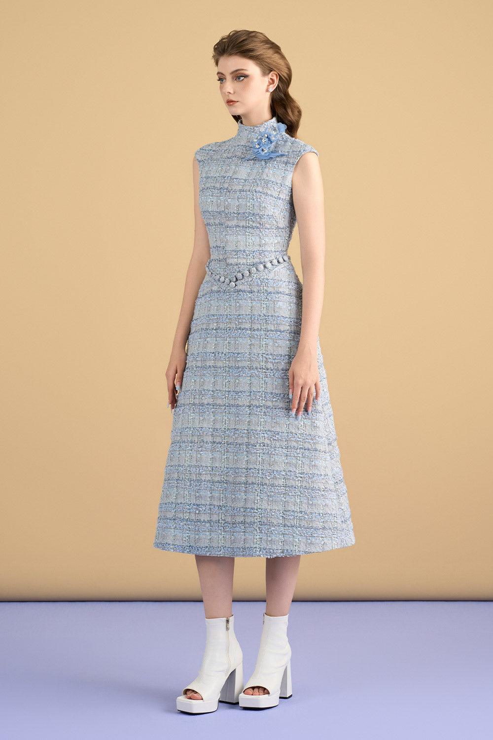 Dallas A-line Mock Neck Tweed Calf Length Dress