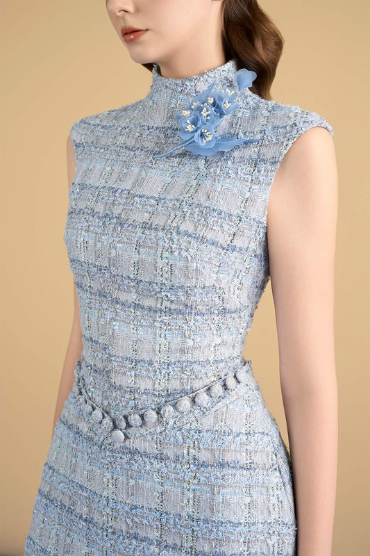 Dallas A-line Mock Neck Tweed Calf Length Dress