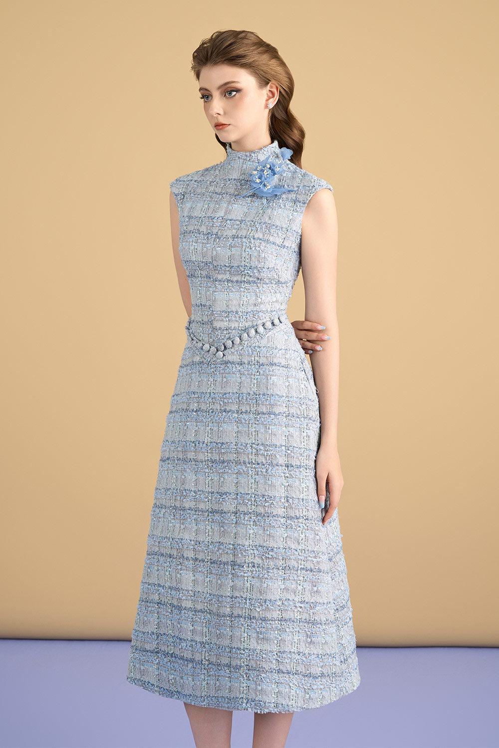 Dallas A-line Mock Neck Tweed Calf Length Dress