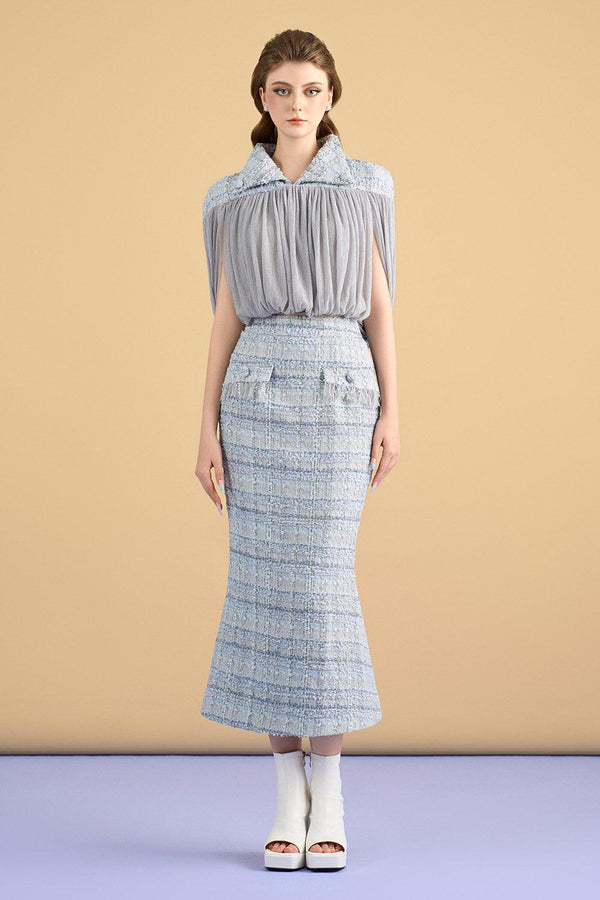 Ophelia Trumpet Flap Pocket Tweed Midi Skirt