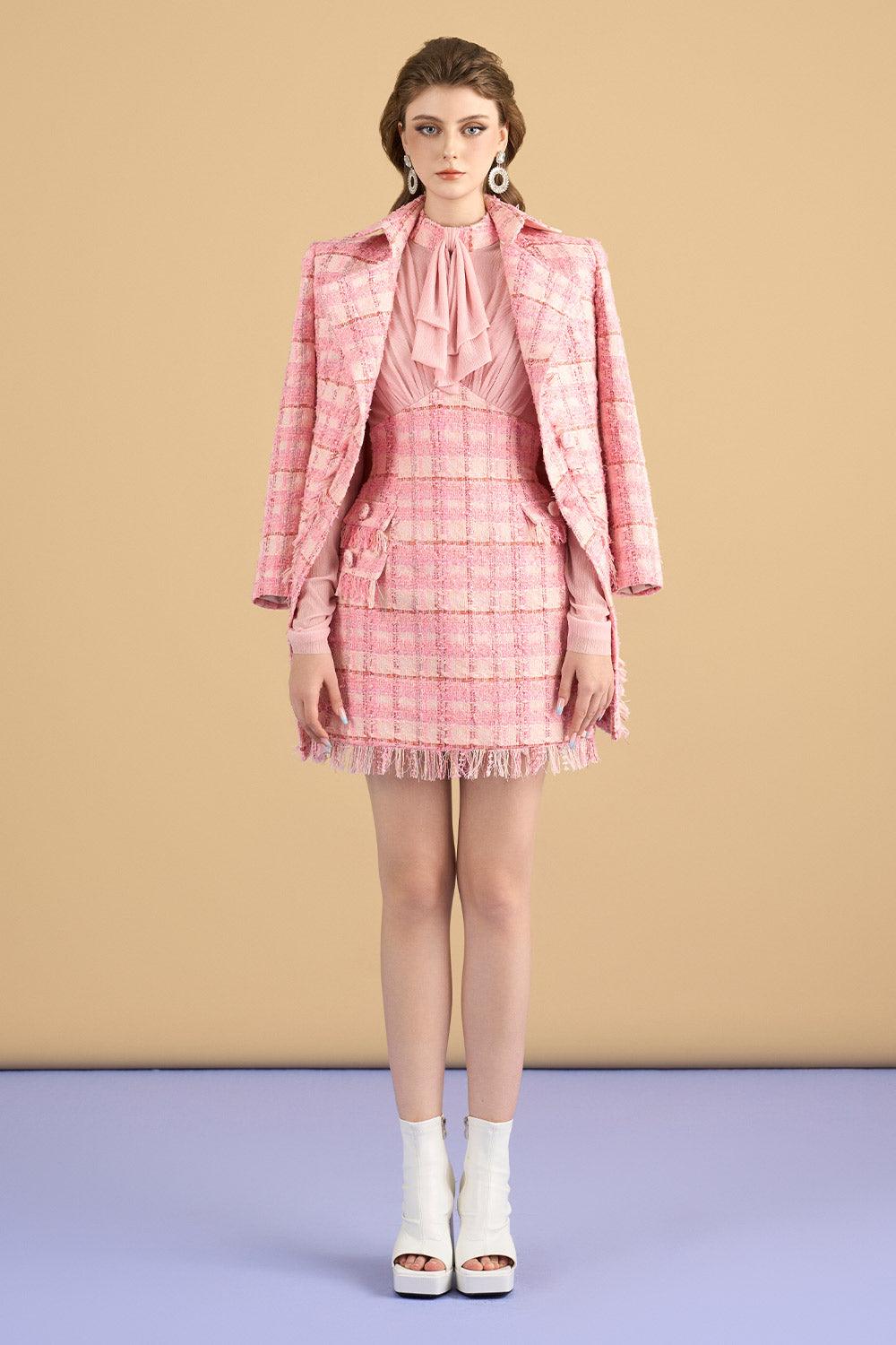 ワンピース mondrian tweed mini dress COZYPOIN Womens Tweed Mini Dress Elegant Front Half Zipper