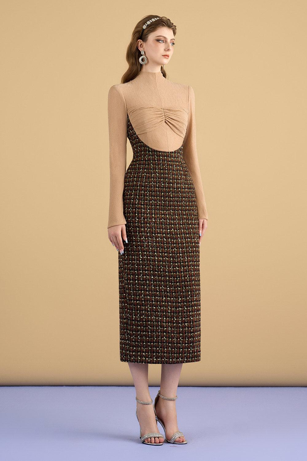 Women's Sariah Sheath Long Sleeved Tweed Midi Dress S/M/L/Customize Coffee Brown MEAN BLVD Coffee Brown / S