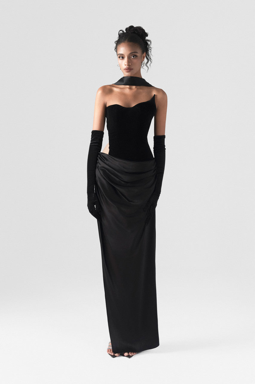 Architectural Corset Silk Velvet Gown With Scarf & Gloves