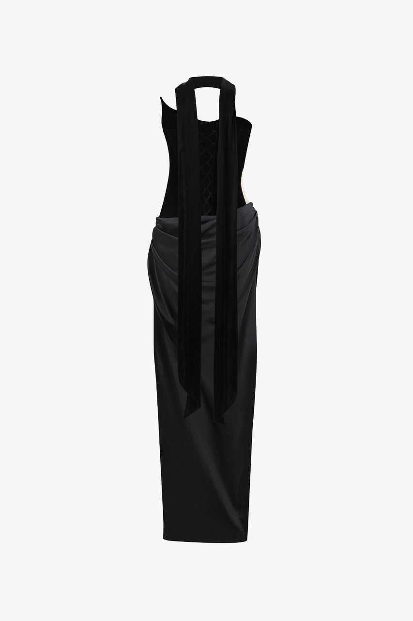 Architectural Corset Silk Velvet Gown With Scarf & Gloves 4