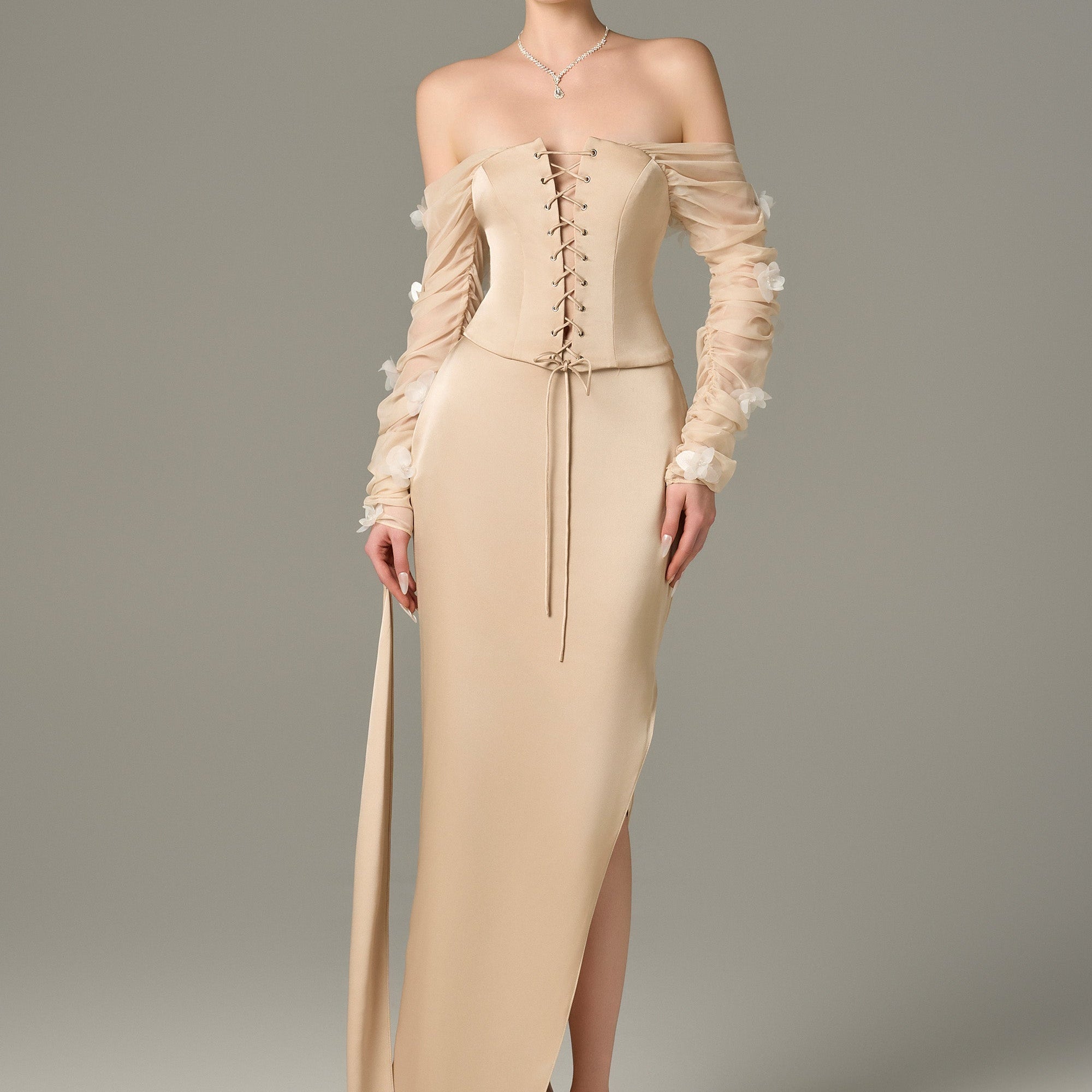 Alluring Silk Chiffon Corset Top & Maxi Set