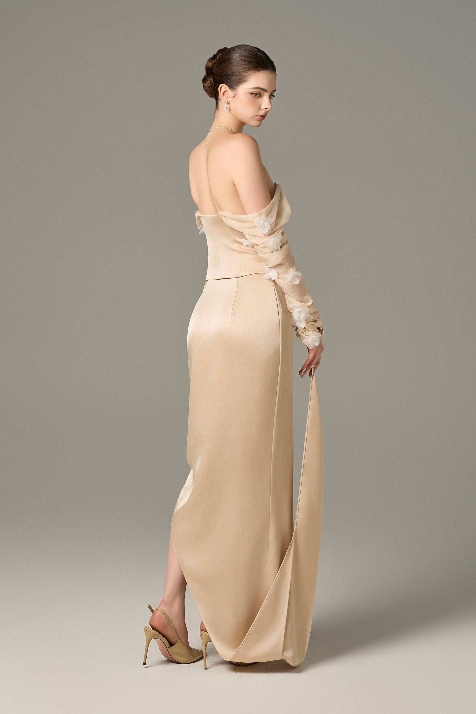 Alluring Silk Chiffon Corset Top & Maxi Set Beige / S