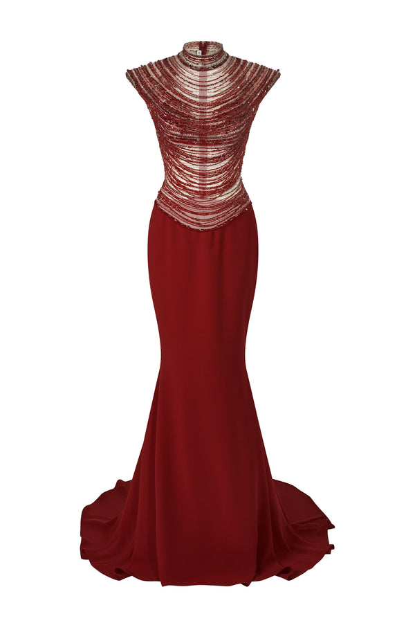 Crimson Mermaid Rhinestone Maxi Dress - MEAN BLVD