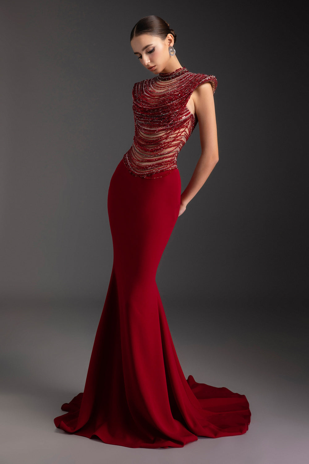 Women's Crimson Mermaid Rhinestone Maxi Dress Customize Burgundy MEAN BLVD