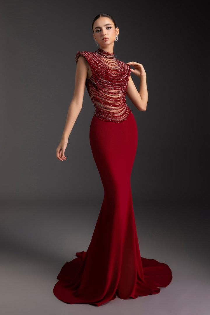 Crimson Mermaid Rhinestone Maxi Dress - MEAN BLVD