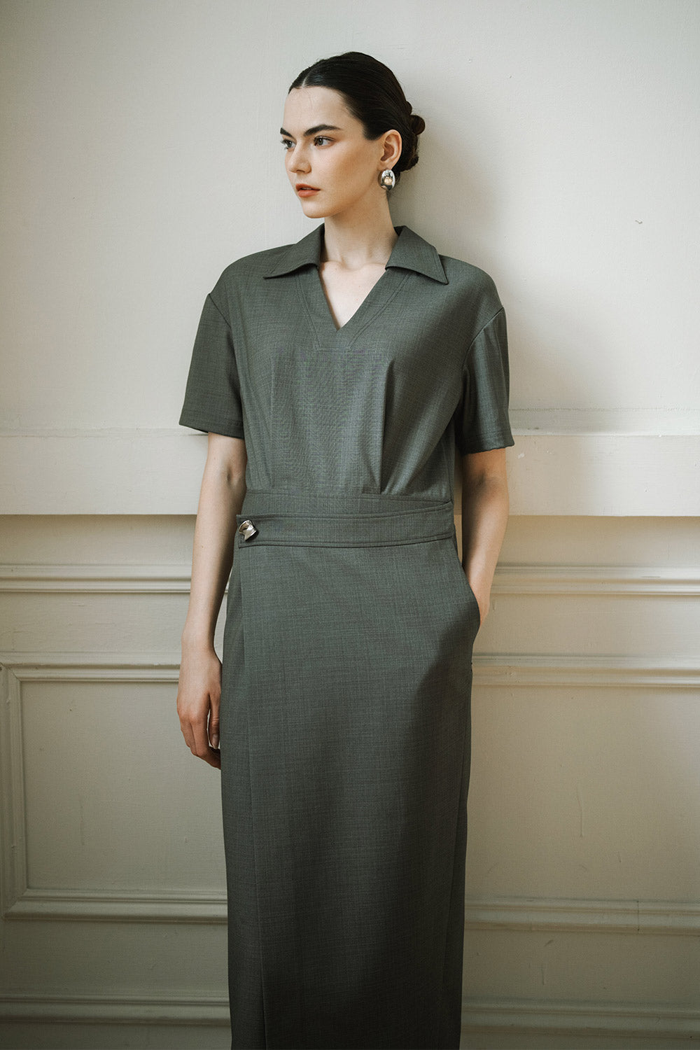 Trace Pencil Crossover Wool Twill Midi Dress