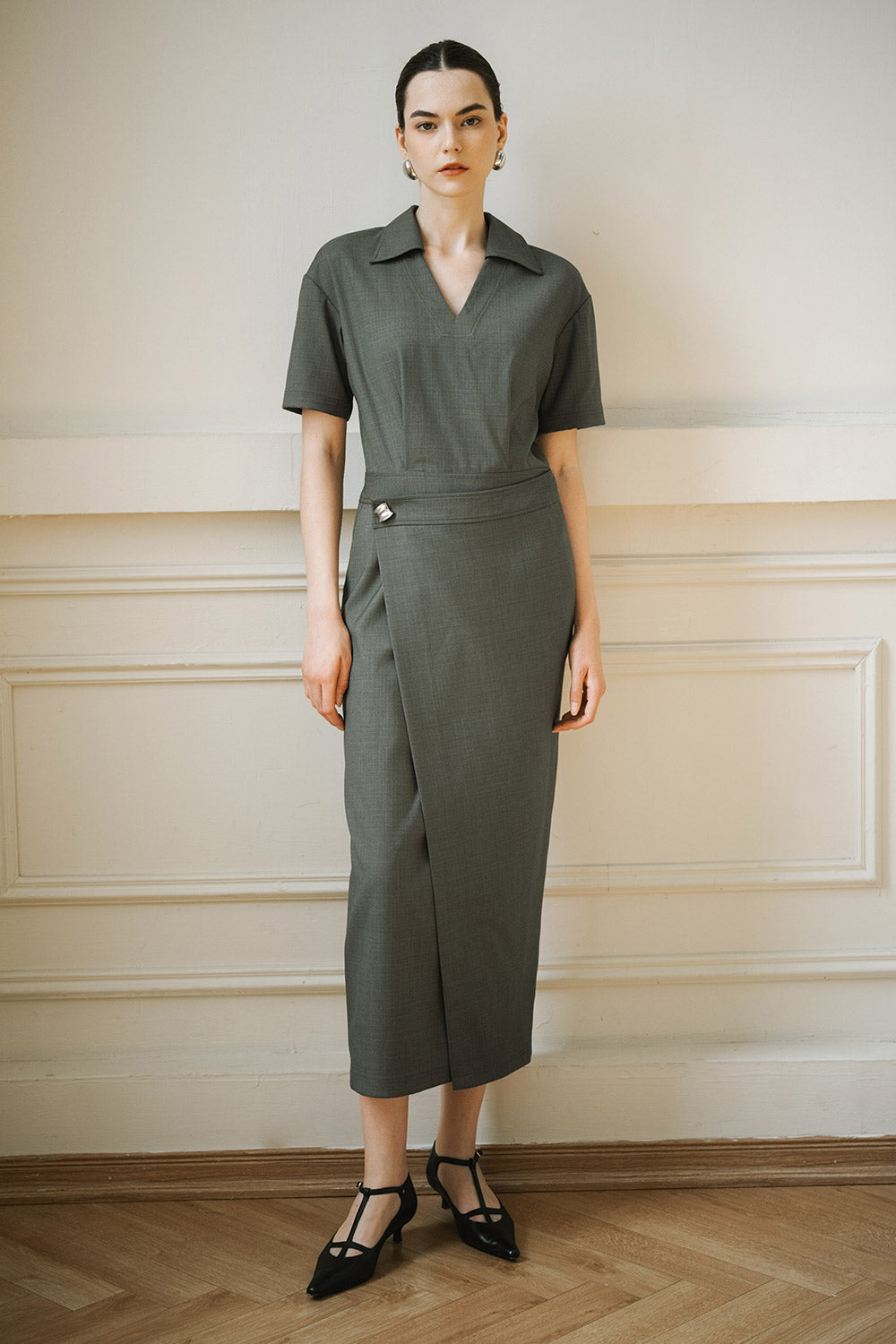 Trace Pencil Crossover Wool Twill Midi Dress