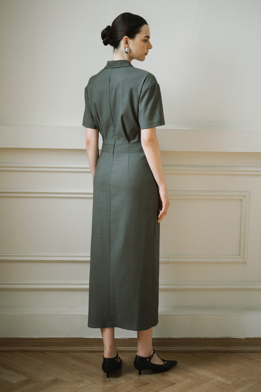 Trace Pencil Crossover Wool Twill Midi Dress