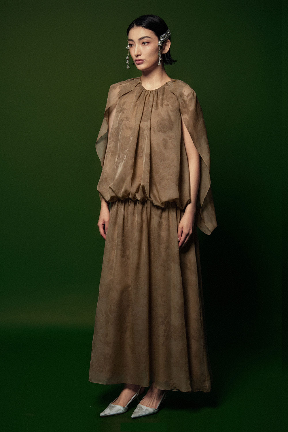 Bong Benh Blouson Boat Neck Organza Ankle Length Dress