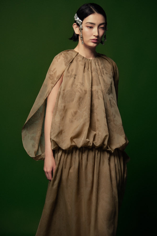 Bong Benh Blouson Boat Neck Organza Ankle Length Dress