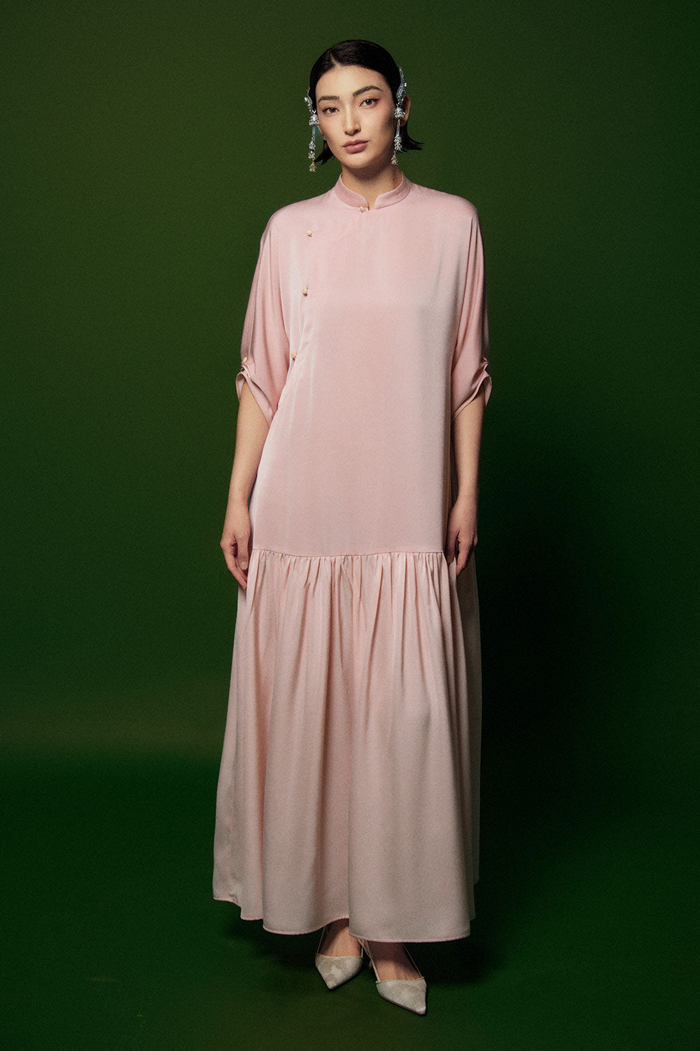 Ngoc Thuy Drop Waist Middle Sleeved Silk Ankle Length Dress