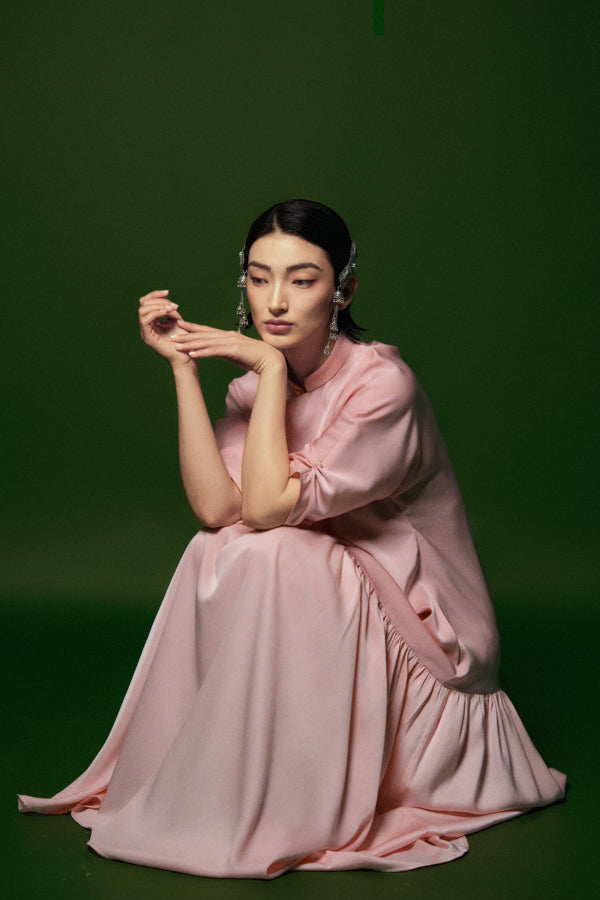 Ngoc Thuy Drop Waist Middle Sleeved Silk Ankle Length Dress